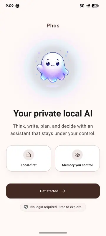 Phos onboarding screen, no login required