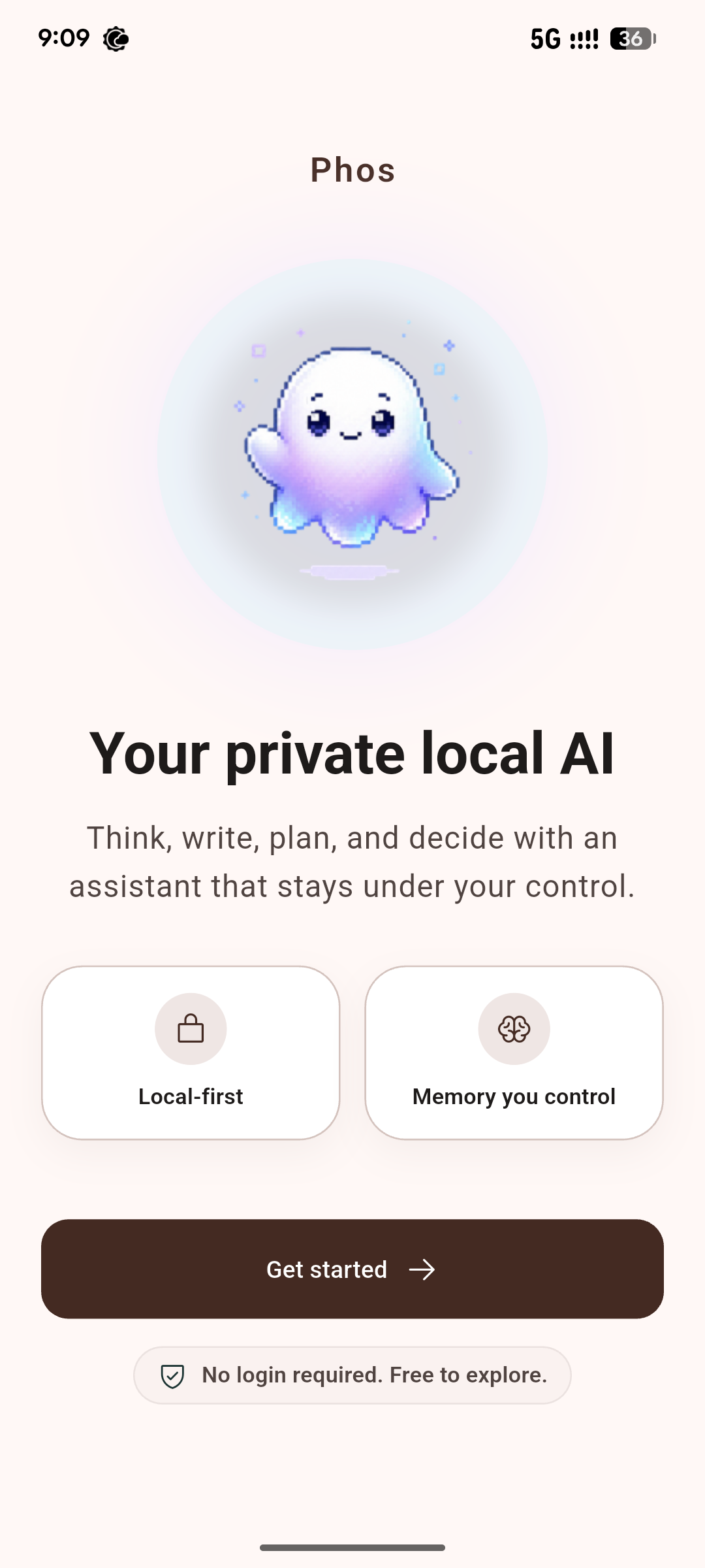 Phos onboarding screen, no login required